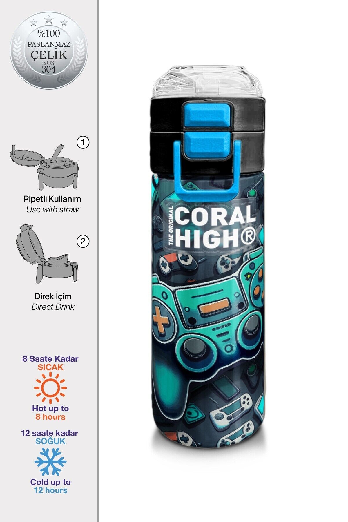 Kids Futbol Desenli Pipetli ve Direkt İçim Çelik Termos 500 ml 31816 Mavi - Siyah