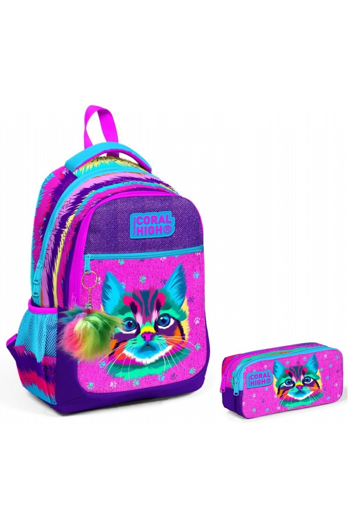 Mor Pembe Kedi Ilkokul Sırt Çantası Ve Kalemlik Seti