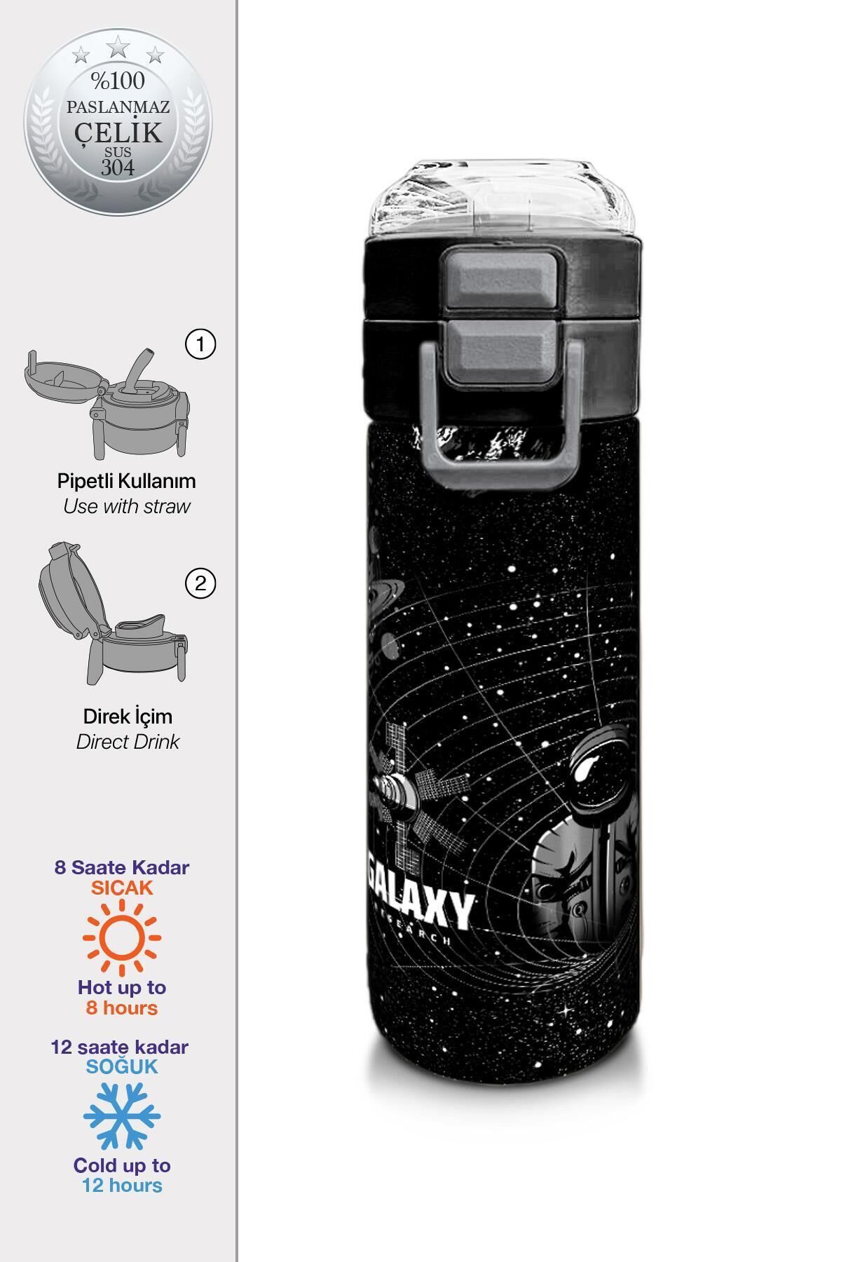 Kids Futbol Desenli Pipetli ve Direkt İçim Çelik Termos 500 ml 31816 Siyah