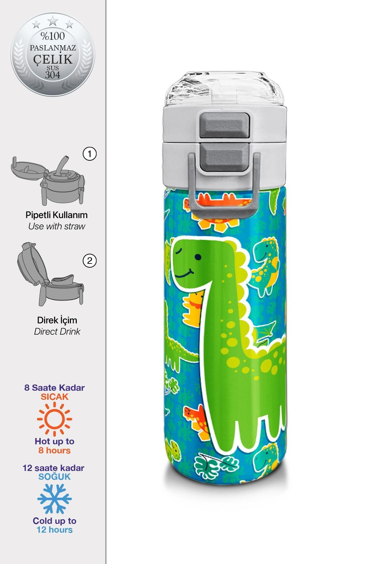 Coral High Kids Mavi Yeşil Dinozor Desenli Pipetli ve Direkt İçim Çelik Termos 500 ml 31798