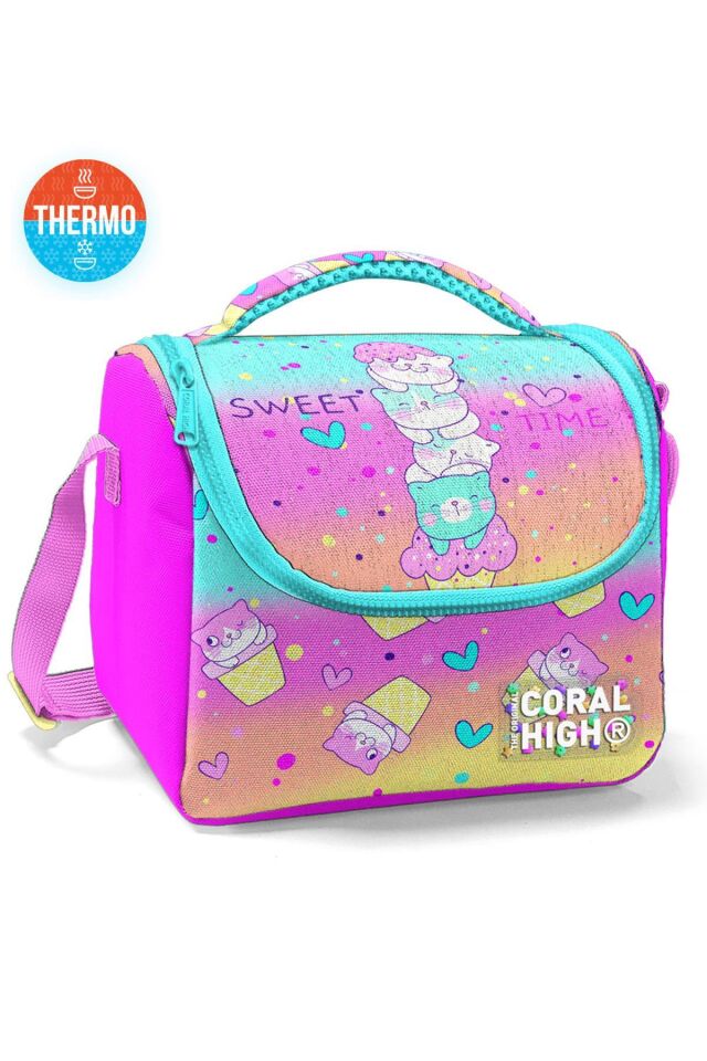 Kids Renkli Dondurmalı Kedi Desenli Thermo Beslenme Çantası 11881 Koyu Pembe Mavi