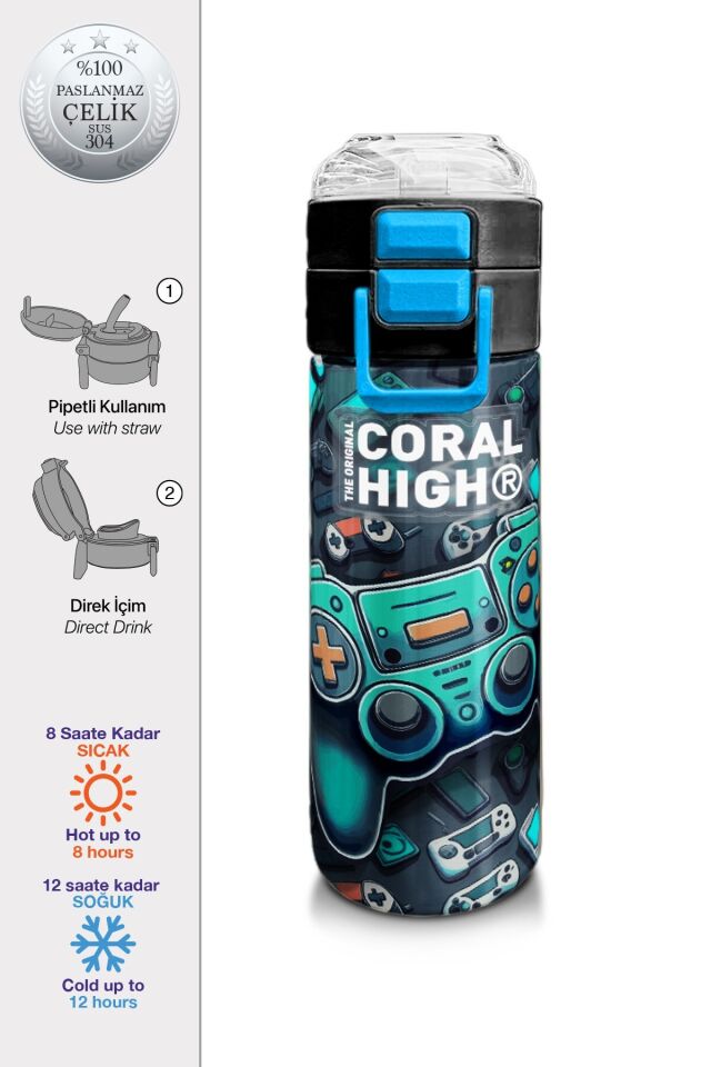 Coral High Kids Nefti Gamer Desenli Pipetli ve Direkt İçim Çelik Termos 500 ml 31861