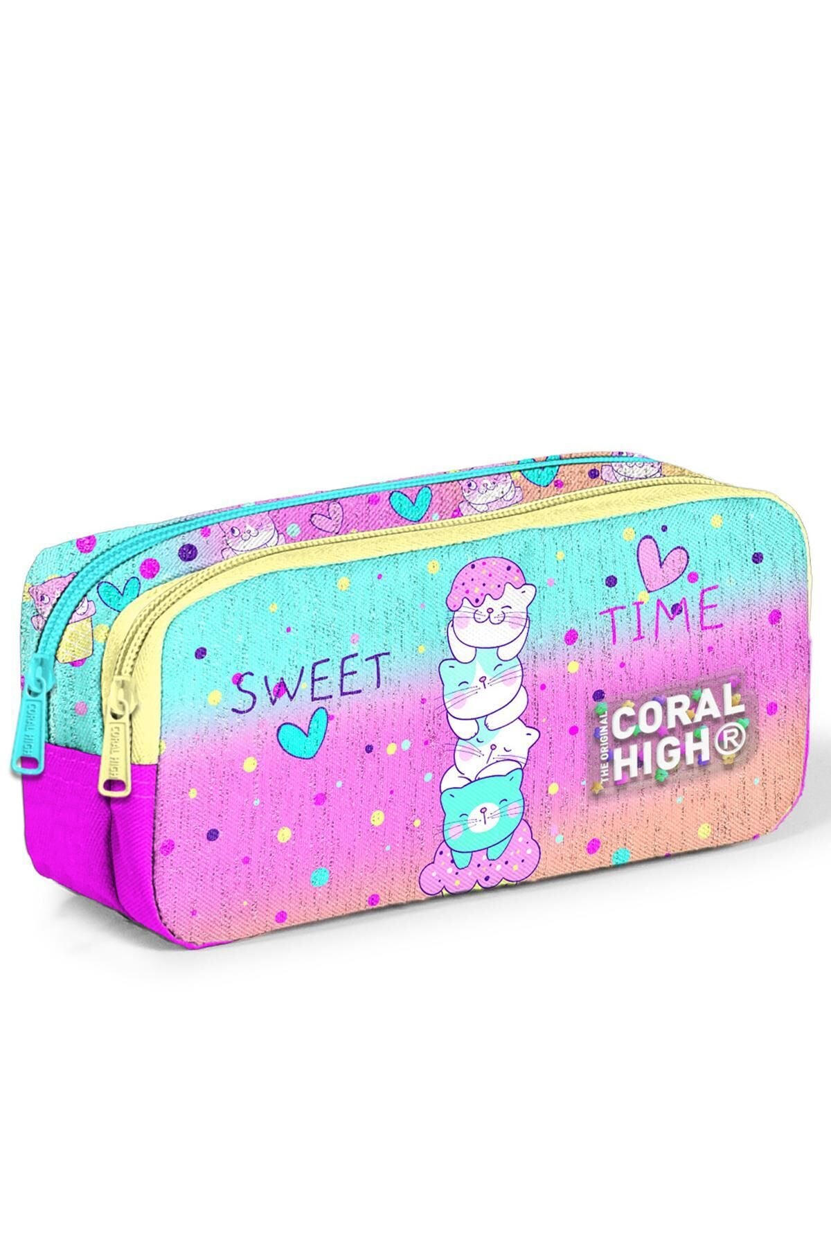 Kids Renkli Dondurmalı Kedi Desenli İki Bölmeli Kalem Çantası 12081 Koyu Pembe Mavi
