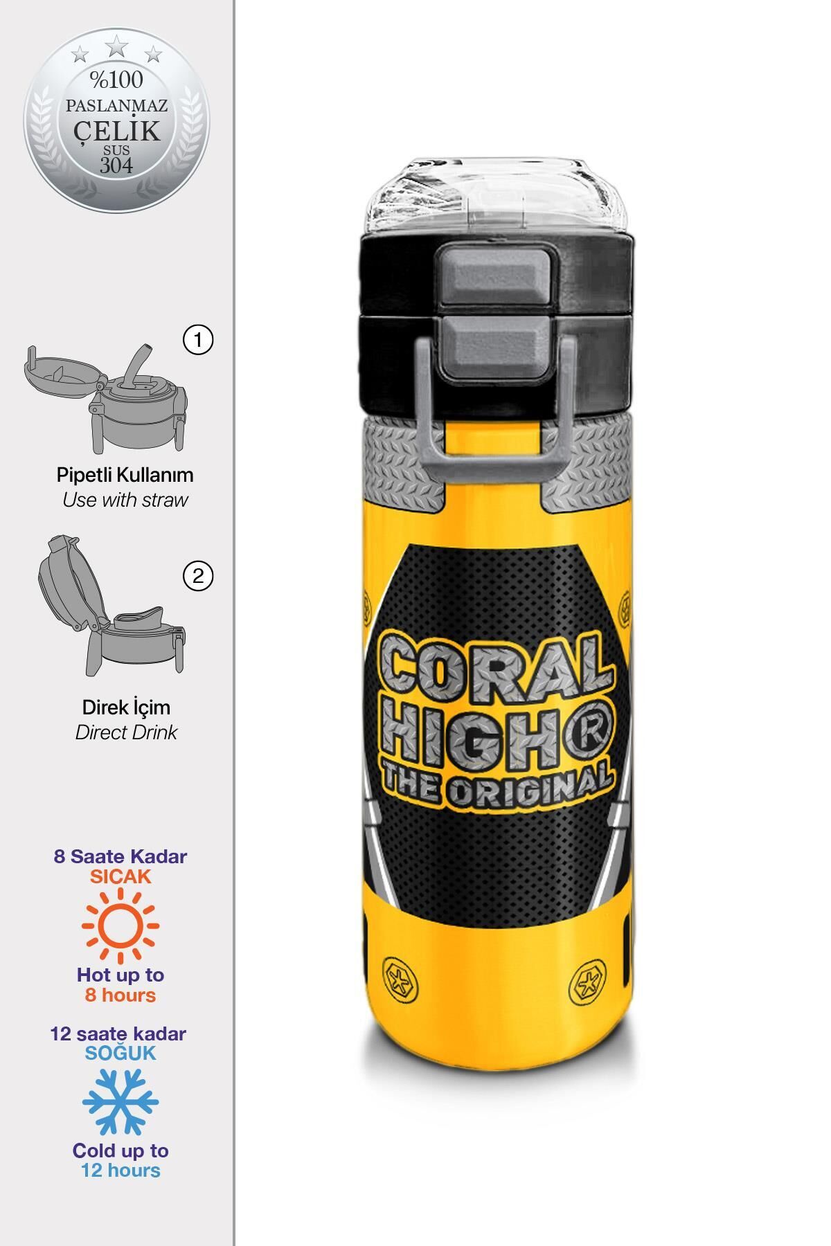 Coral High Kids Sarı Siyah Robot Desenli Pipetli ve Direkt İçim Çelik Termos 500 ml 31862