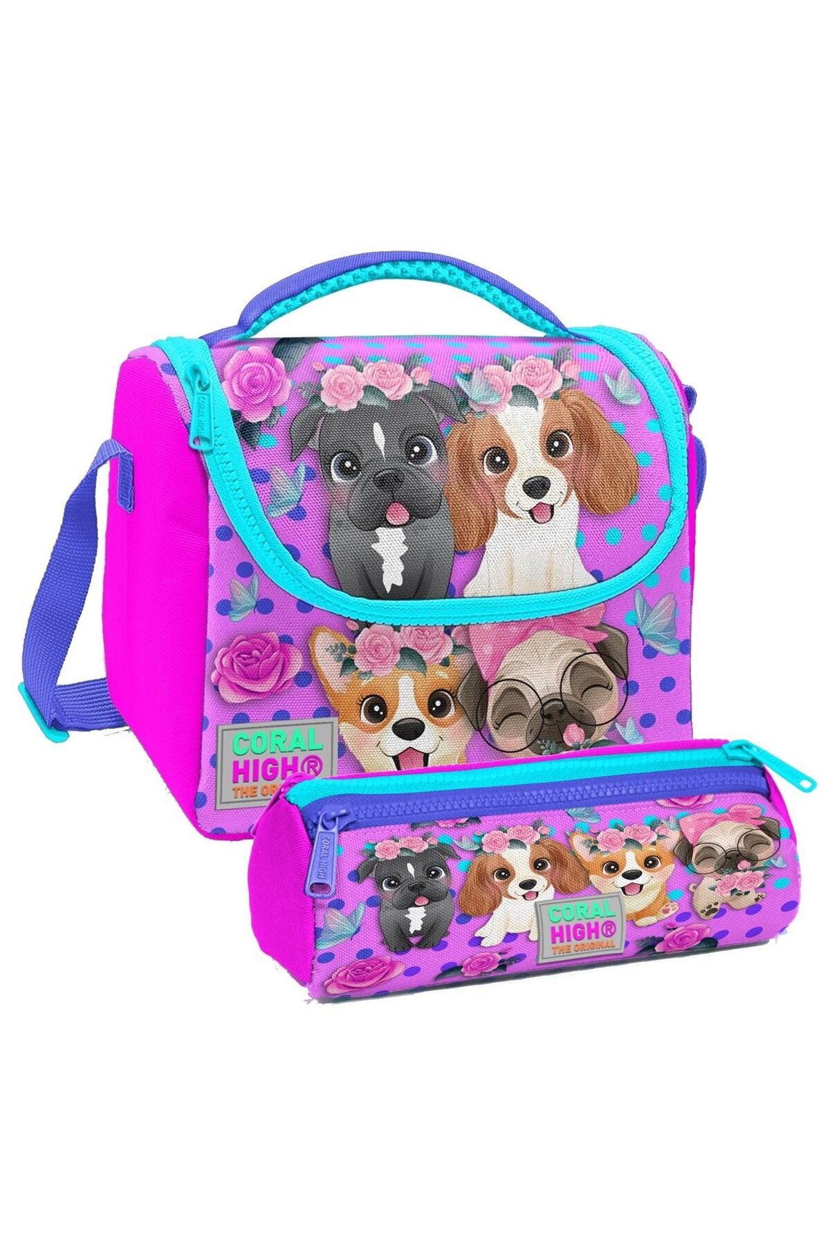 Pembe Köpek Desenli Kız Çocuk Isı Yalıtımlı Beslenme Çantası ve Kalemlik Seti