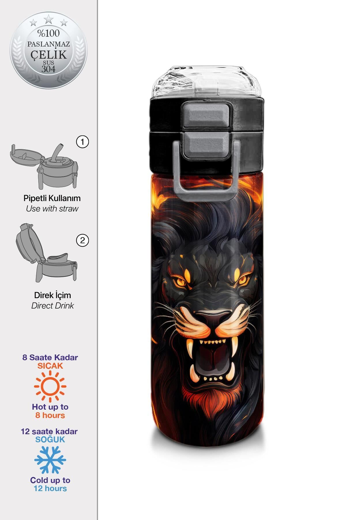 Coral High Kids Siyah Aslan Desenli Pipetli ve Direkt İçim Çelik Termos 500 ml 31871