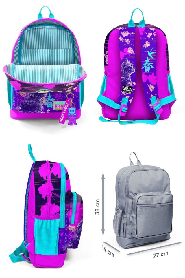 Kız Çocuk Üçlü İlkokul Okul Çanta Seti - Mor Pembe Anime Kedi