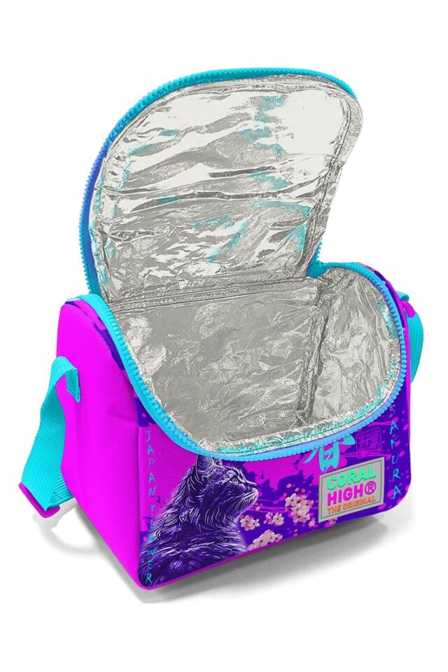 Kız Çocuk Üçlü İlkokul Okul Çanta Seti - Mor Pembe Anime Kedi