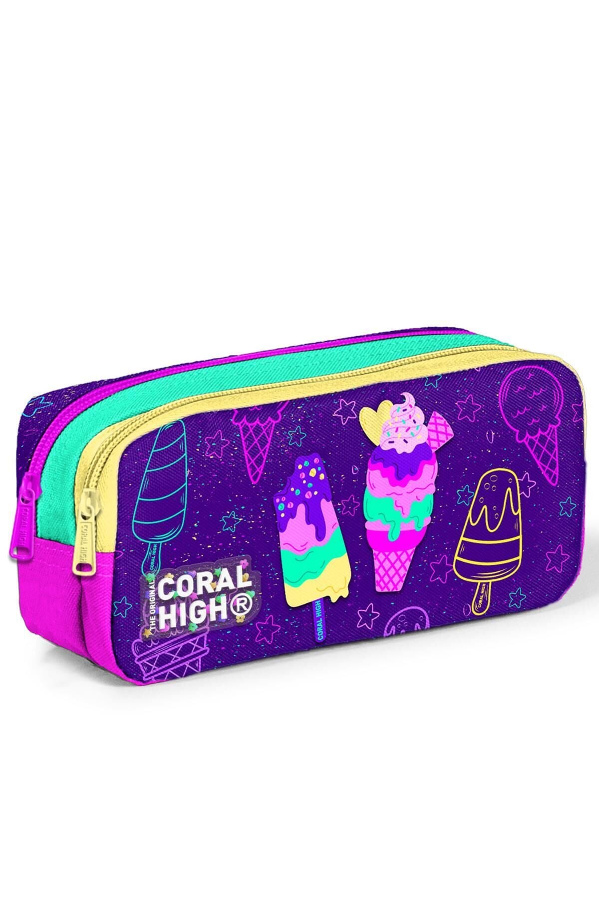 Kids Mor Pembe Dondurma Desenli İki Bölmeli Kalem Çantası 12088 Mor Renkli