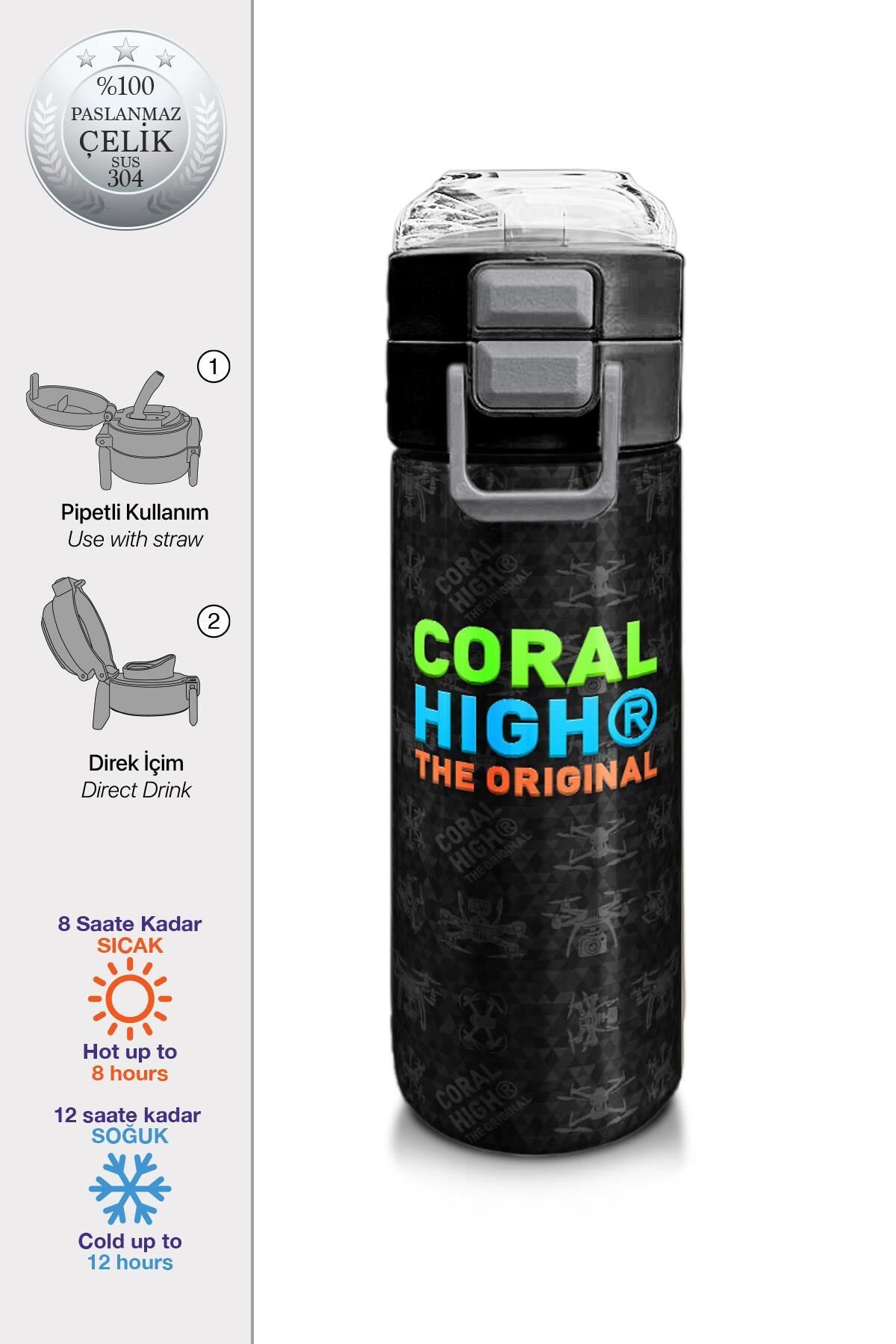 Coral High Kids Siyah Drone Desenli Pipetli ve Direkt İçim Çelik Termos 500 ml 31891