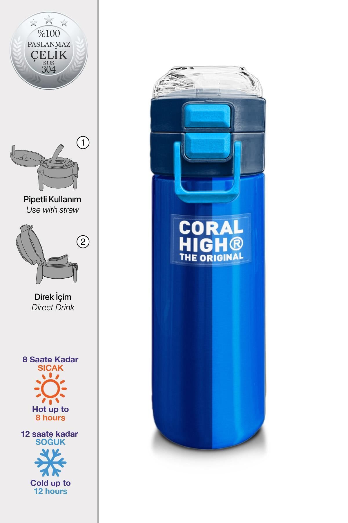 Kids Futbol Desenli Pipetli ve Direkt İçim Çelik Termos 500 ml 31816 Mavi - Lacivert