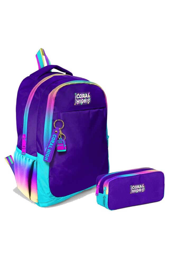 Kız Çocuk Rainbow Fermuarlı Mor İlkokul ve Ortaokul Sırt Çantası ve Kalemlik Seti
