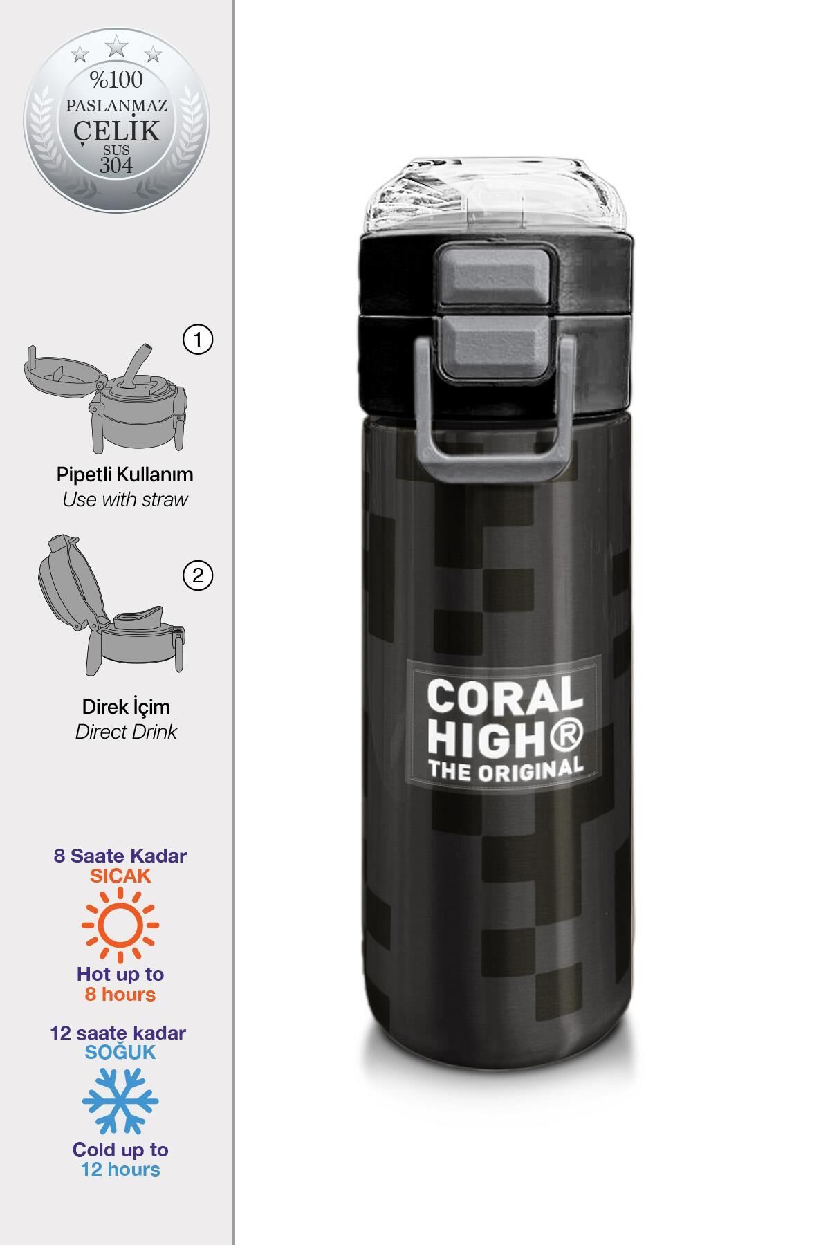 Coral High Kids Siyah Blok Desenli Pipetli ve Direkt İçim Çelik Termos 500 ml 31894