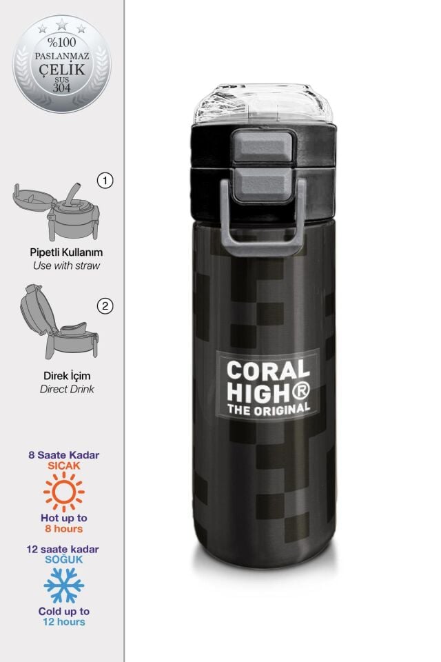 Coral High Kids Siyah Blok Desenli Pipetli ve Direkt İçim Çelik Termos 500 ml 31894
