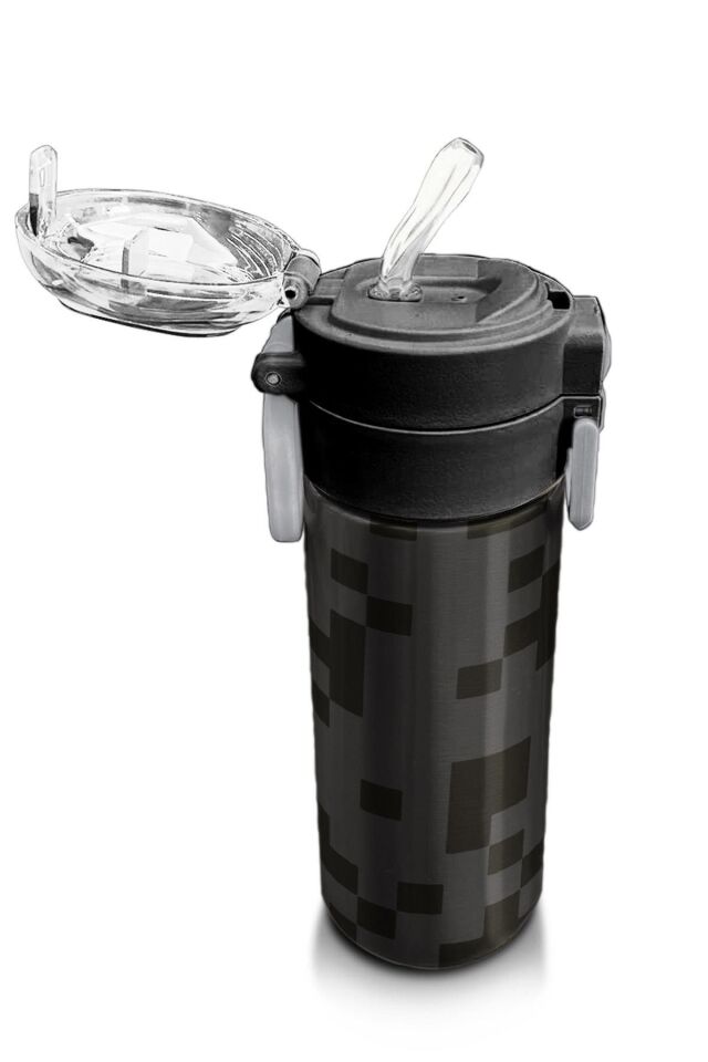 Coral High Kids Siyah Blok Desenli Pipetli ve Direkt İçim Çelik Termos 500 ml 31894