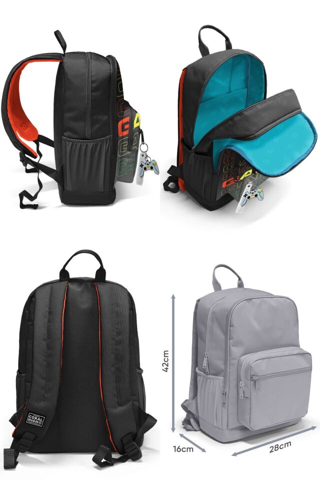 Dört Bölmeli Ortaokul Sırt Çantası ve Kalemlik Seti - Siyah Gri Gamer - Erkek Çocuk