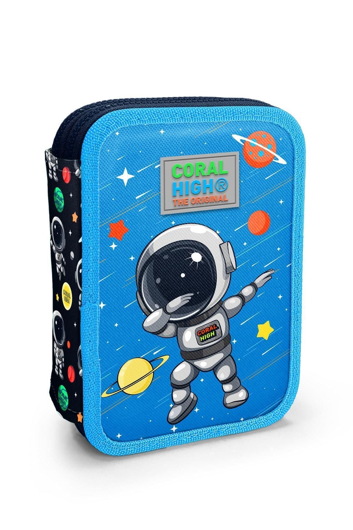 Lacivert Mavi Astronot Desenli Çift Katlı Kalem Çanta Kalemlik Erkek Çocuk Lacivert