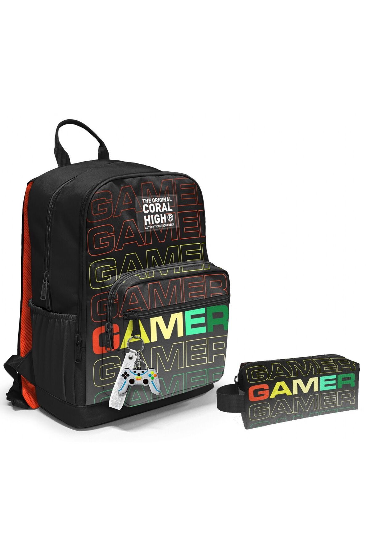 Dört Bölmeli Ortaokul Sırt Çantası ve Kalemlik Seti - Siyah Gri Gamer - Erkek Çocuk