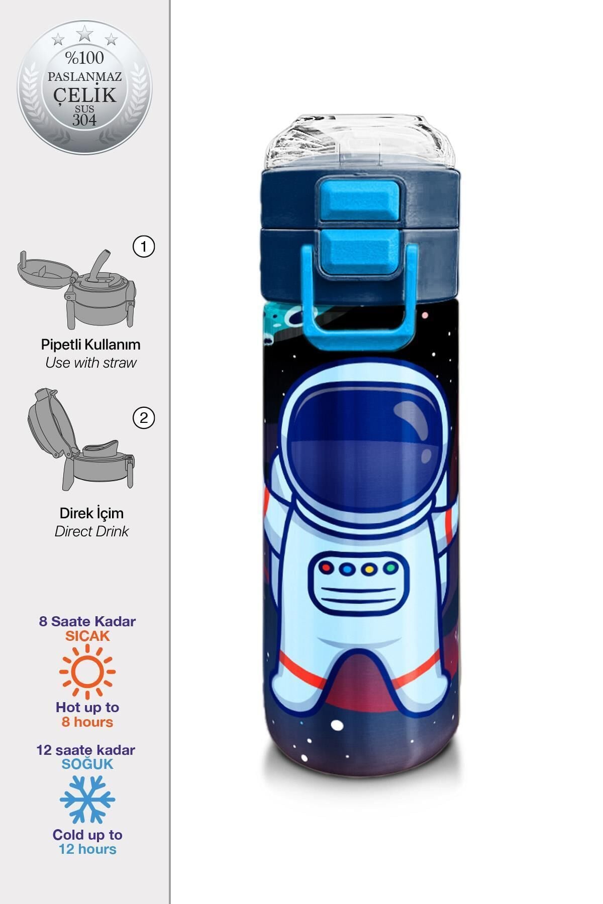 Kids Futbol Desenli Pipetli ve Direkt İçim Çelik Termos 500 ml 31816 Turkuaz
