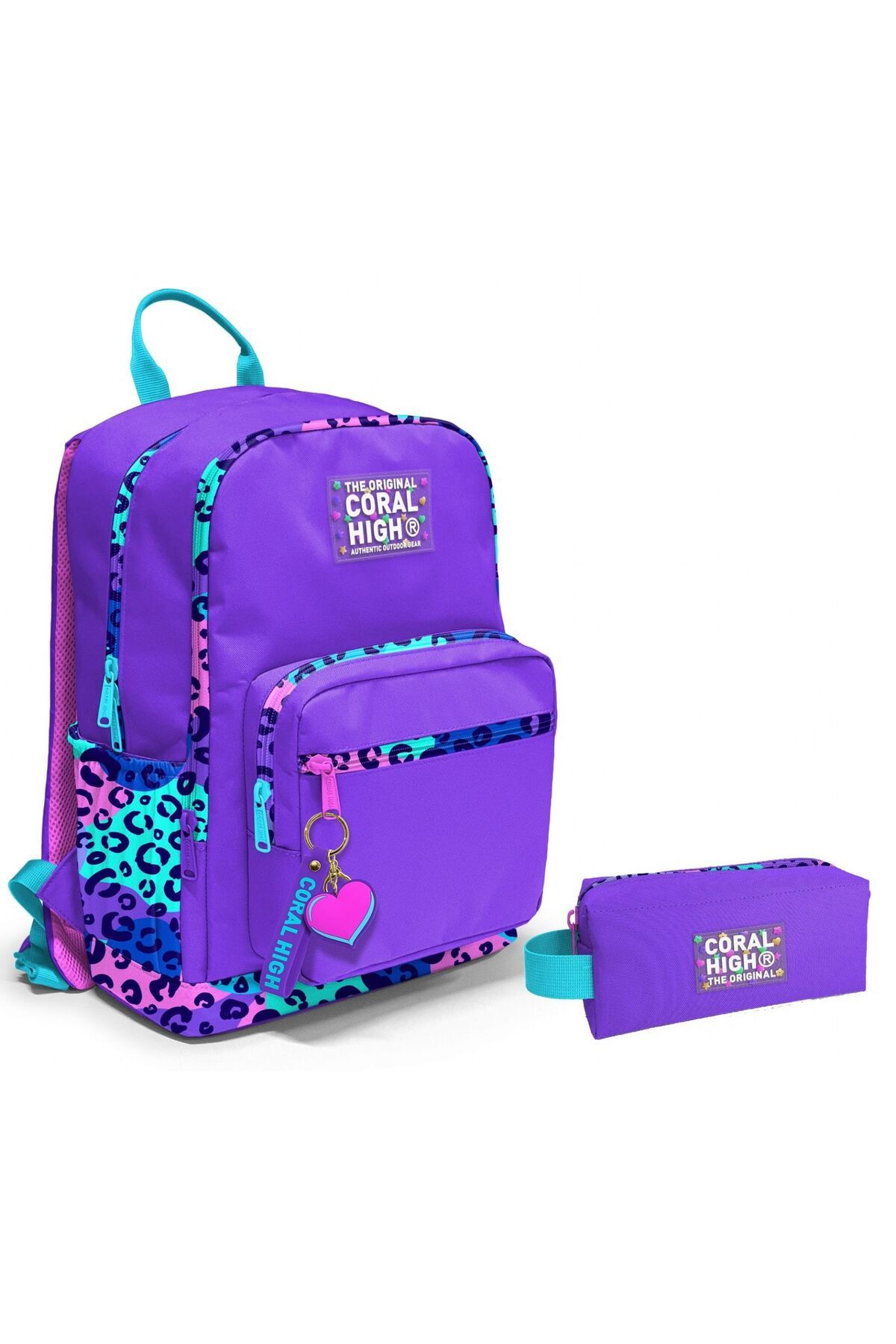 Dört Bölmeli Ortaokul Sırt Çantası ve Kalemlik Seti - Mor Leopar - Kız Çocuk