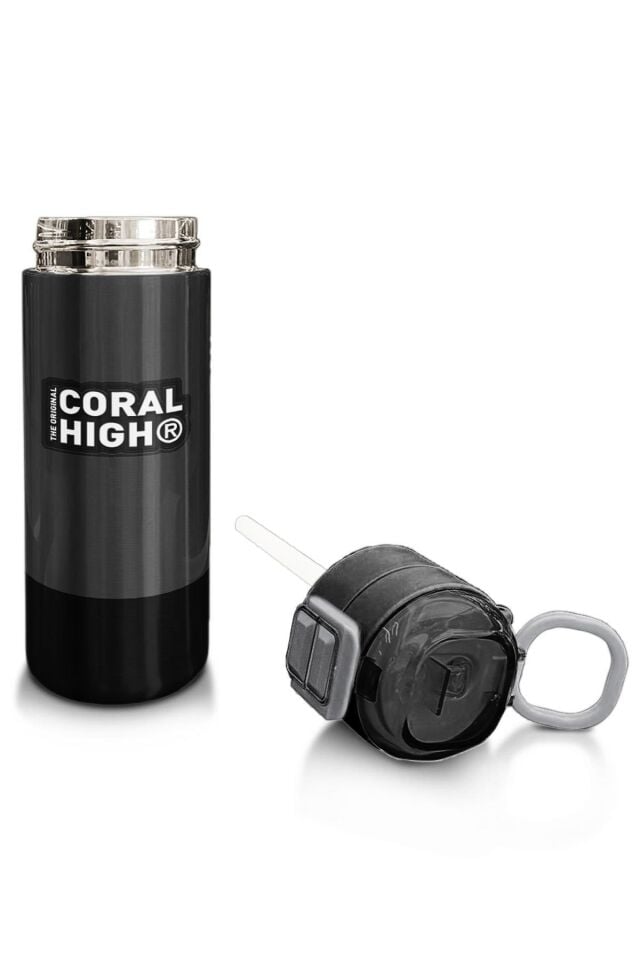 Coral High Kids Koyu Gri Siyah Desenli Pipetli ve Direkt İçim Çelik Termos 500 ml 31824