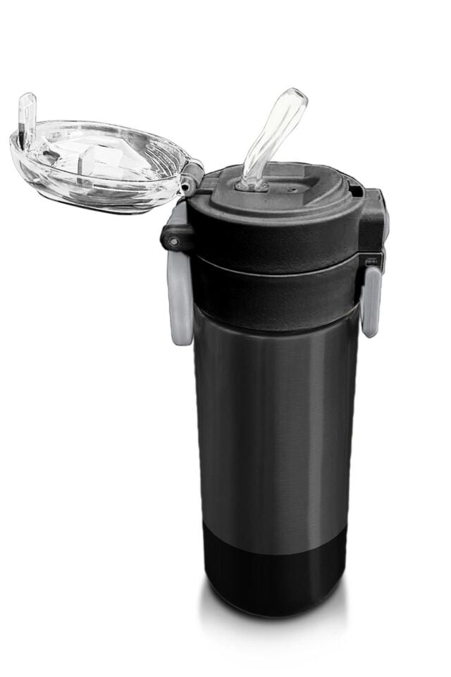 Coral High Kids Koyu Gri Siyah Desenli Pipetli ve Direkt İçim Çelik Termos 500 ml 31824