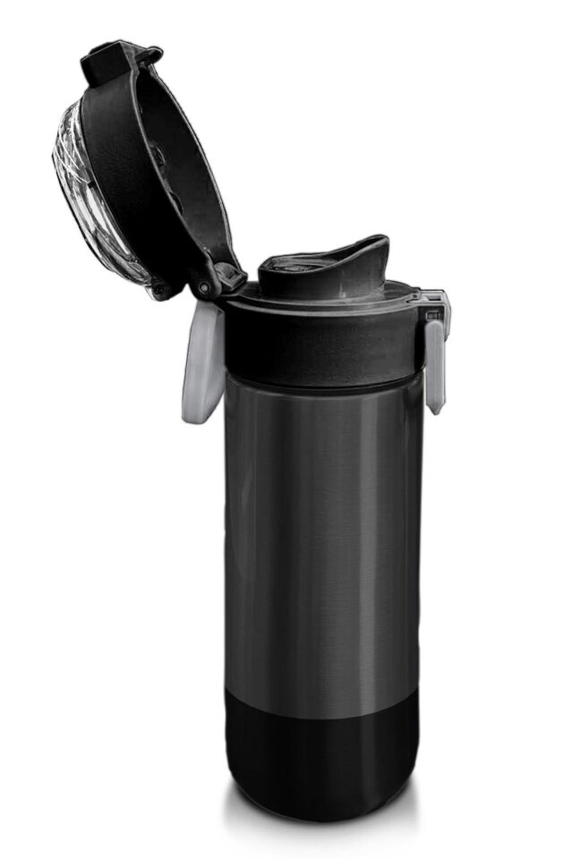 Coral High Kids Koyu Gri Siyah Desenli Pipetli ve Direkt İçim Çelik Termos 500 ml 31824