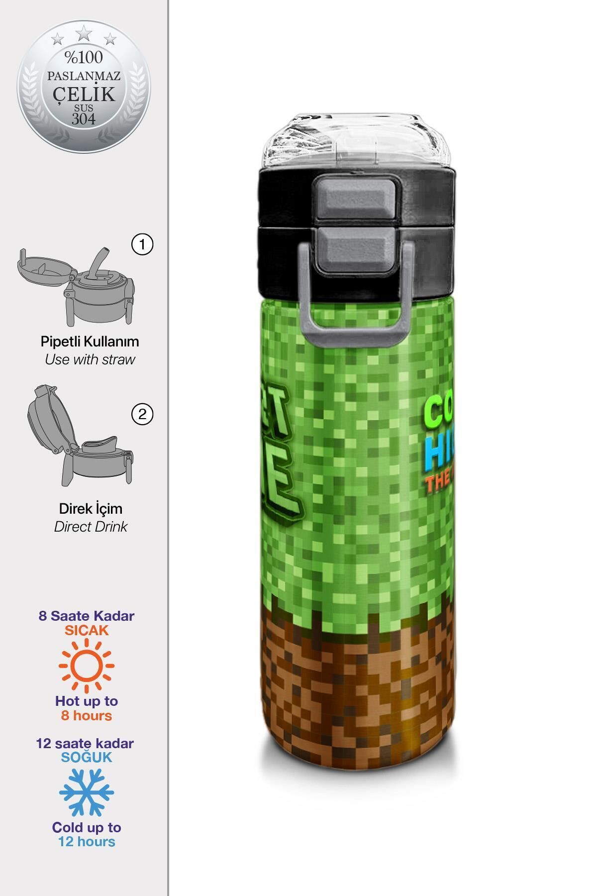 Kids Futbol Desenli Pipetli ve Direkt İçim Çelik Termos 500 ml 31816 Yeşil