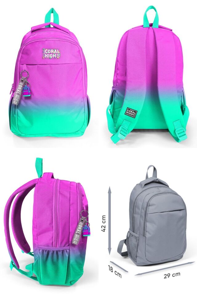 Üç Gözlü İlkokul ve Ortaokul Çanta Seti - Kız Çocuk - Pembe Su Yeşili Renk Geçişli Desenl