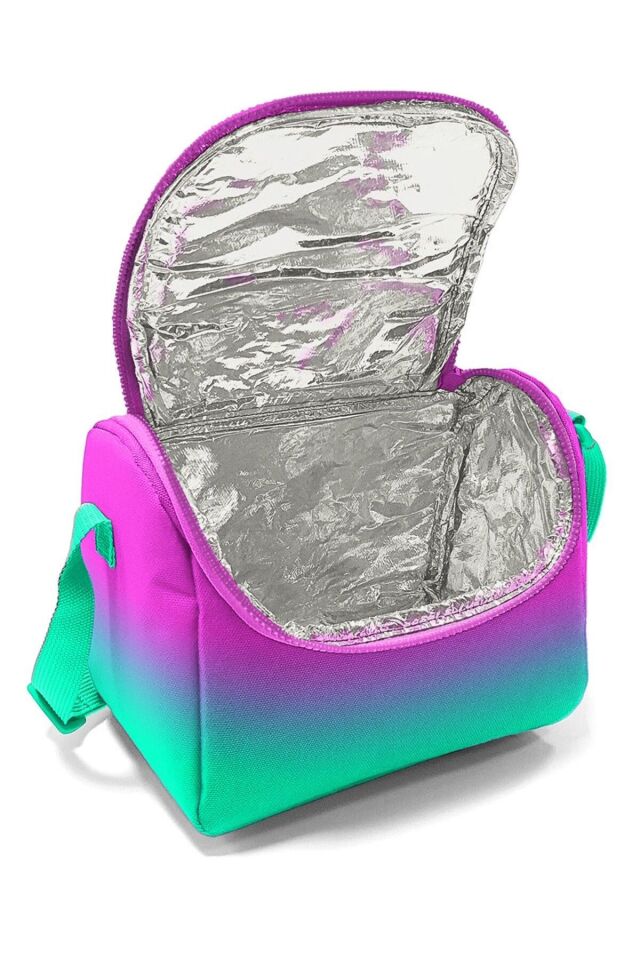 Üç Gözlü İlkokul ve Ortaokul Çanta Seti - Kız Çocuk - Pembe Su Yeşili Renk Geçişli Desenl