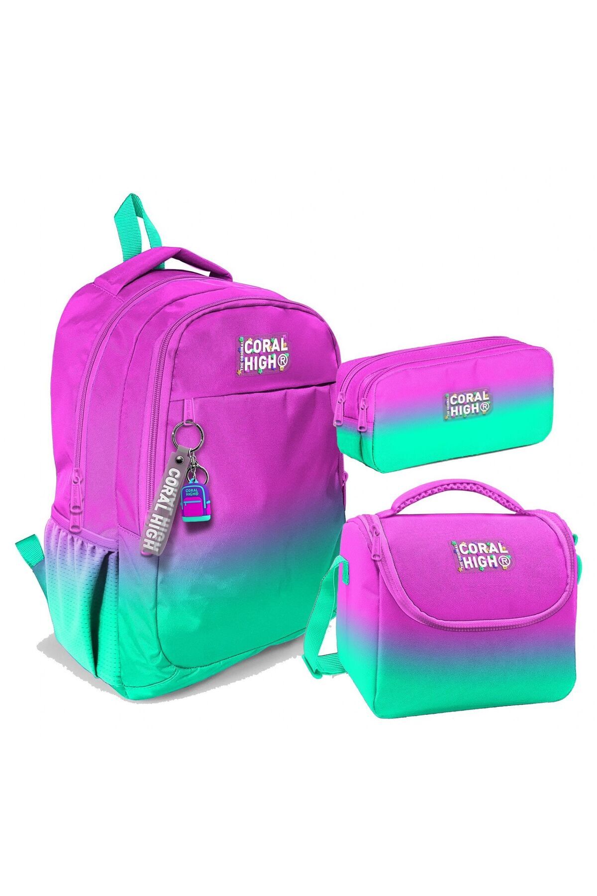 Üç Gözlü İlkokul ve Ortaokul Çanta Seti - Kız Çocuk - Pembe Su Yeşili Renk Geçişli Desenl