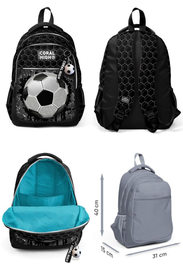 Erkek Çocuk Üç Gözlü İlkokul Çanta Seti - Siyah Futbol Desenli