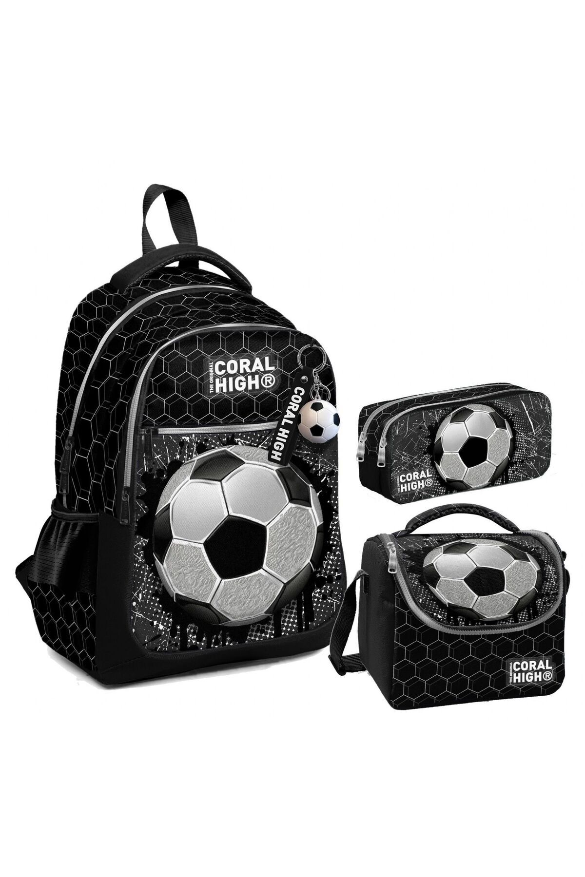 Erkek Çocuk Üç Gözlü İlkokul Çanta Seti - Siyah Futbol Desenli