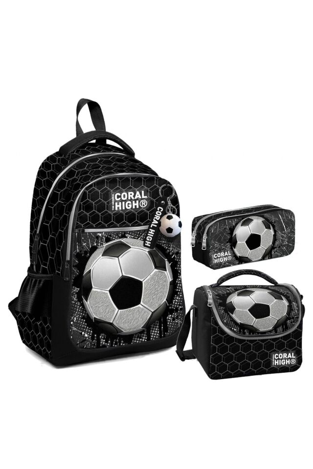 Erkek Çocuk Üç Gözlü İlkokul Çanta Seti - Siyah Futbol Desenli