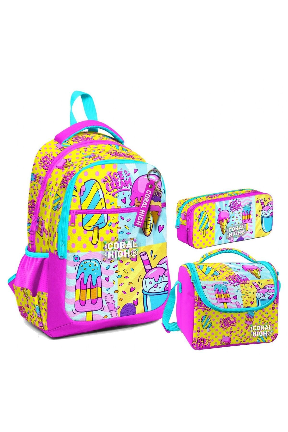 Kız Çocuk Üç Gözlü İlkokul Çanta Seti - Mixed Dondurma Desenli