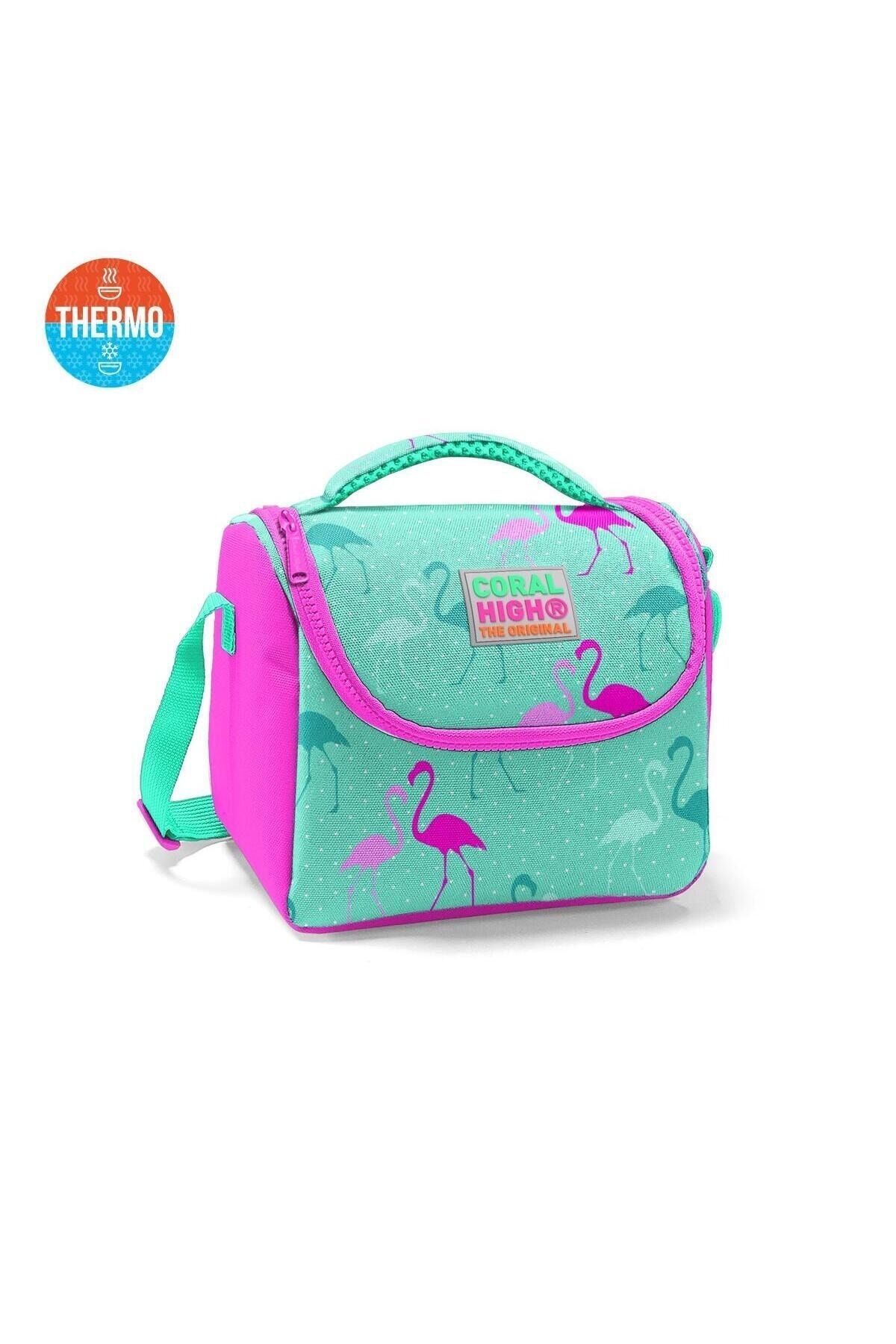 Kids Su Yeşili Pembe Flamingo Desenli Thermo Beslenme Çantası 11835 Su Yeşili