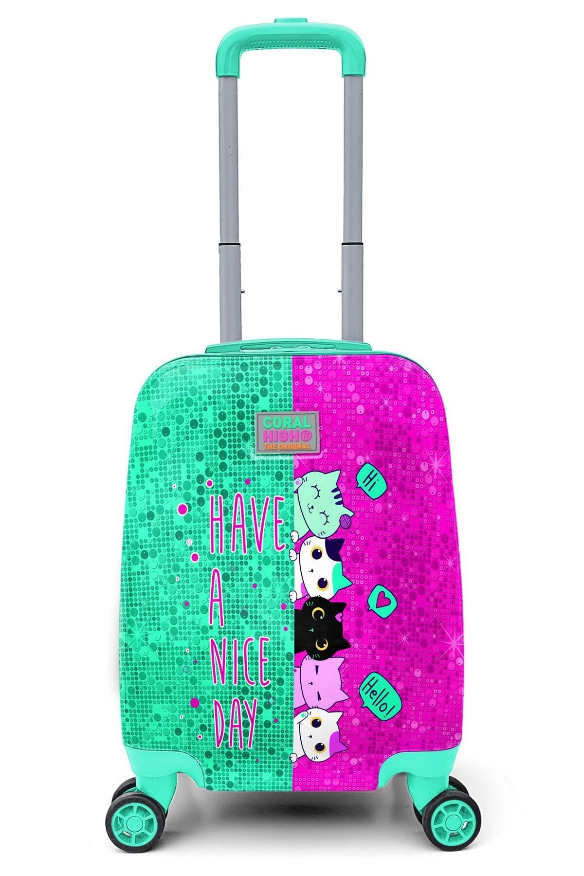 Coral High Kids Pembe Su Yeşili Kedi Desenli Çocuk Valizi 16725