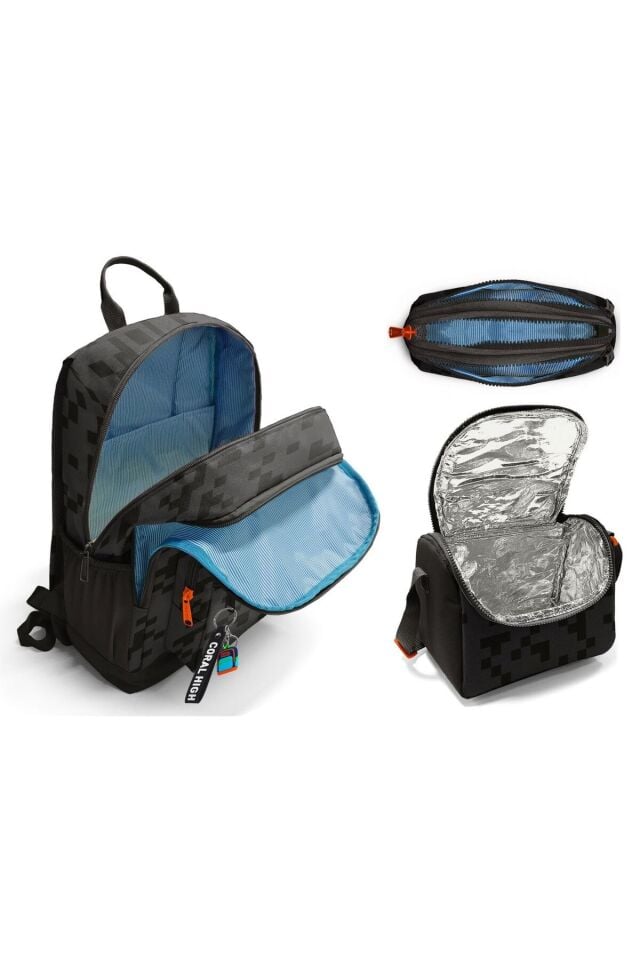 İlkokul ve Ortaokul Okul Çanta Üçlüsü - Erkek Çocuk, Siyah Blok Desenli