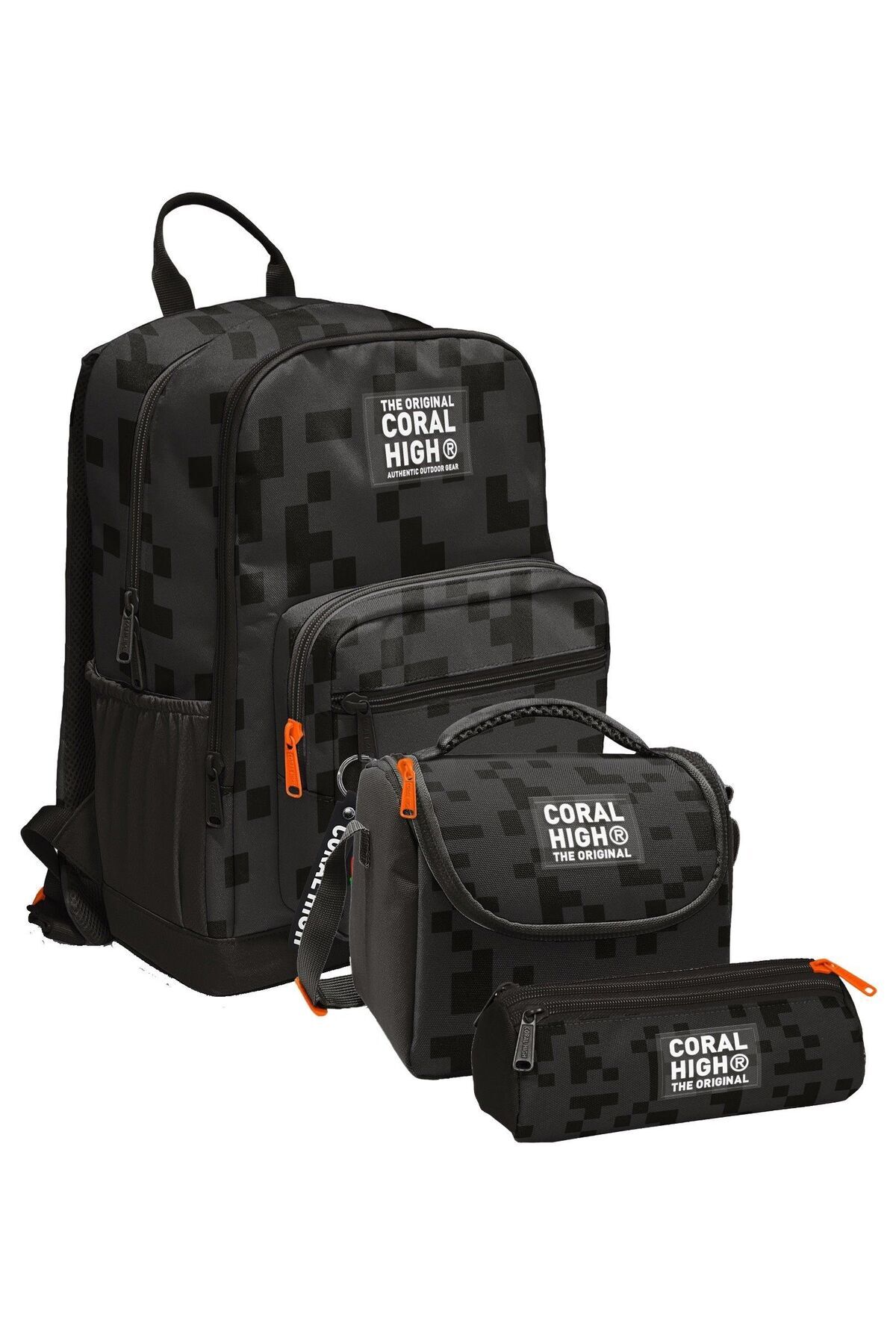 İlkokul ve Ortaokul Okul Çanta Üçlüsü - Erkek Çocuk, Siyah Blok Desenli