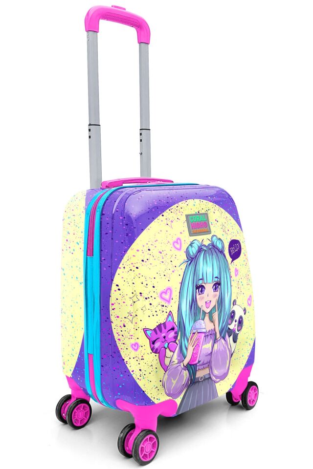 Kids Mor Pembe Anime Kız Desenli Çocuk Valizi 16705 Mor Sarı