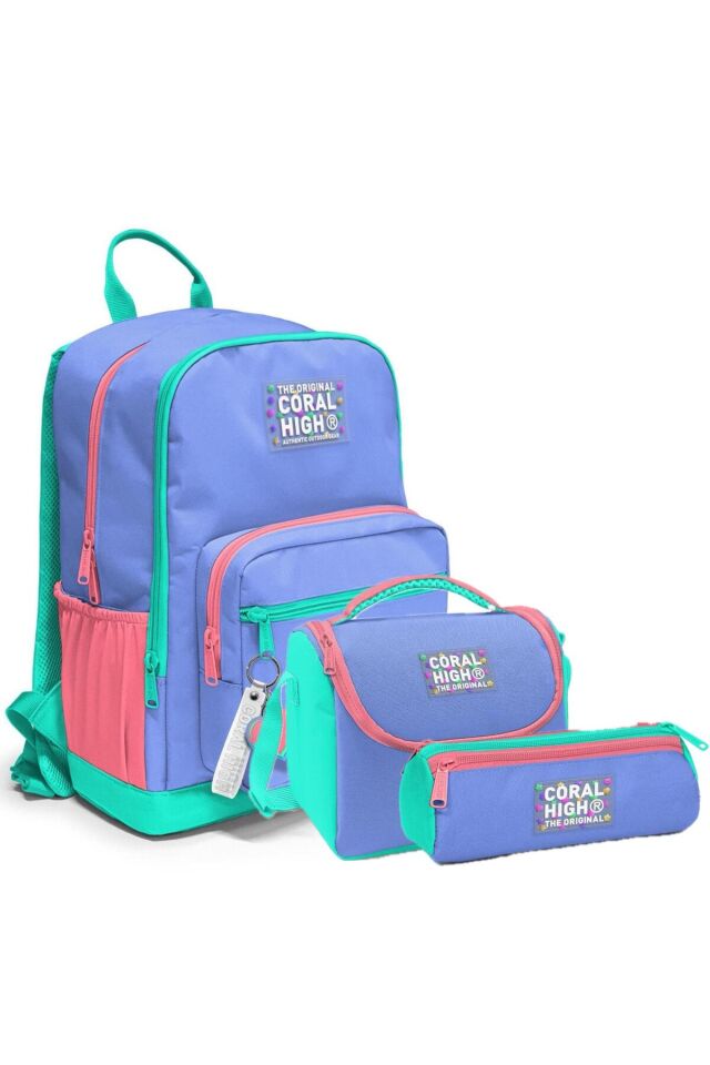 Kids Renkli Desenli 3’lü Okul Çanta Seti Pembe