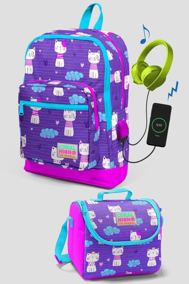 Kids Mor Kedi Desenli Dört Bölmeli Usb Şarjlı Kulaklık Çıkışlı 2'li Çanta Seti 23264