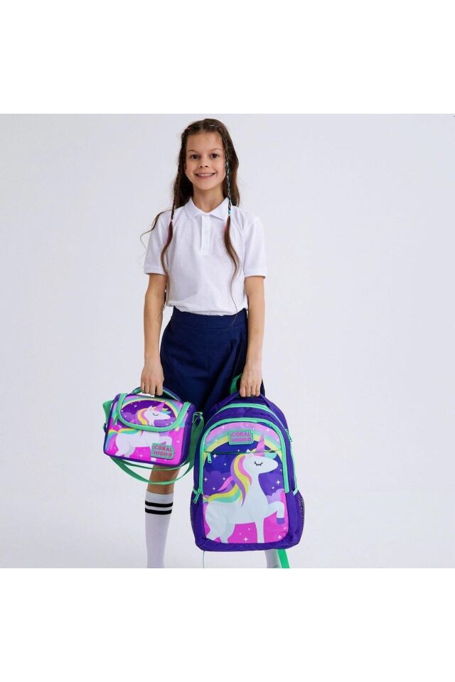Kids Mor Su Yeşili Unicorn Desenli 3’lü Okul Çanta Seti SET0114376