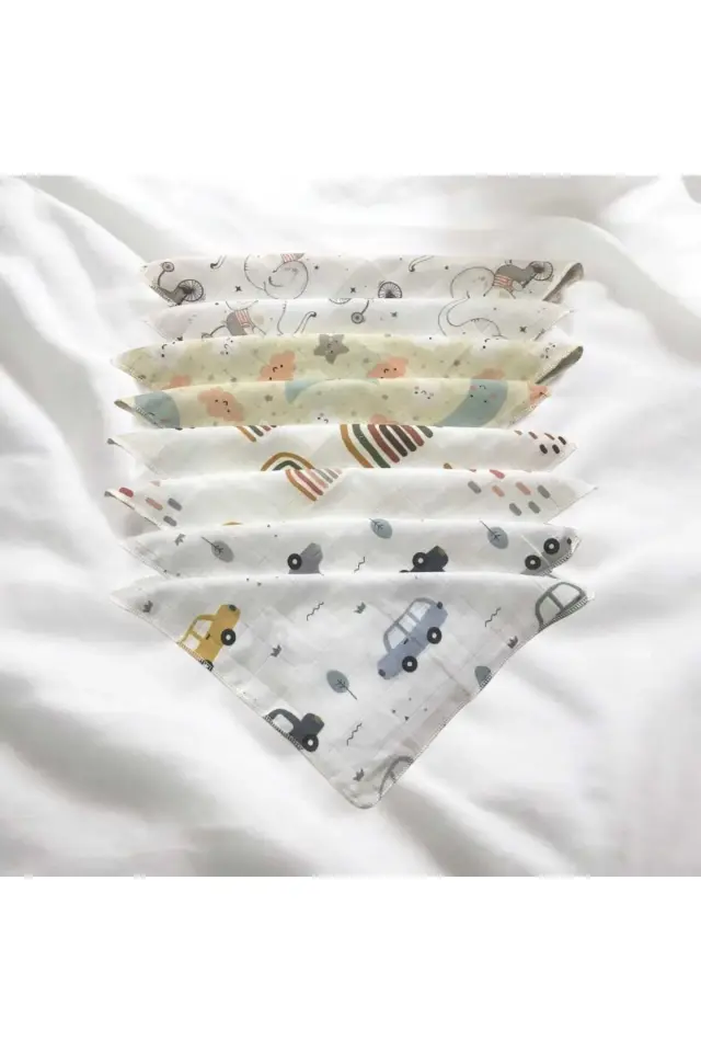 AtaKids %100 Pamuk Oeko-Tex Sertifikalı Desenli 8'li Müslin Bebek Ağız Mendili