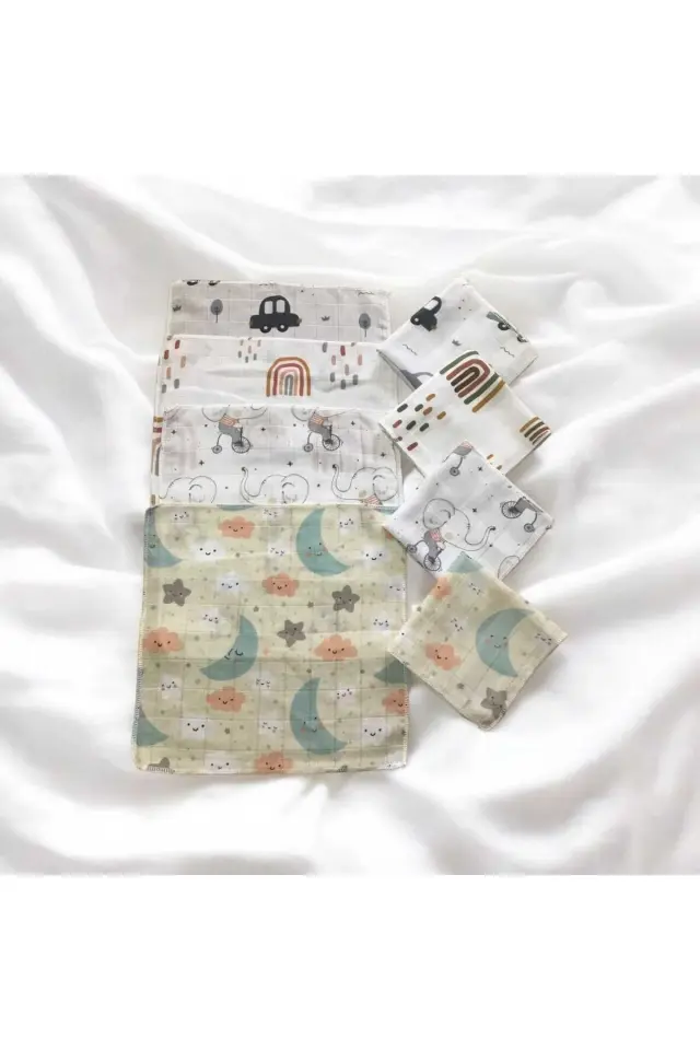 AtaKids %100 Pamuk Oeko-Tex Sertifikalı Desenli 8'li Müslin Bebek Ağız Mendili