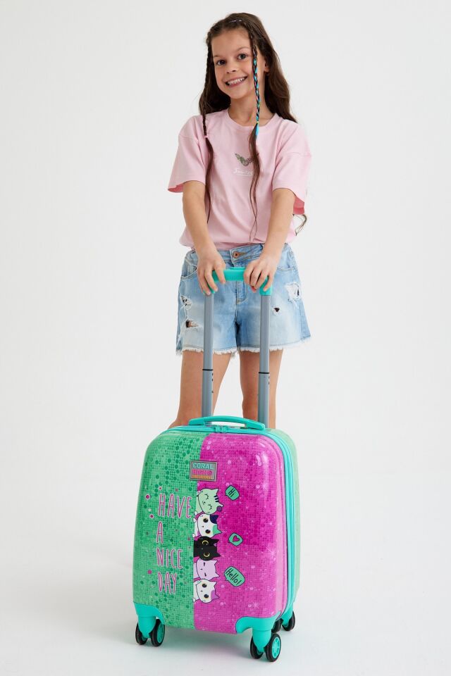 Kids Mor Pembe Anime Kız Desenli Çocuk Valizi 16705 Yeşil Pembe