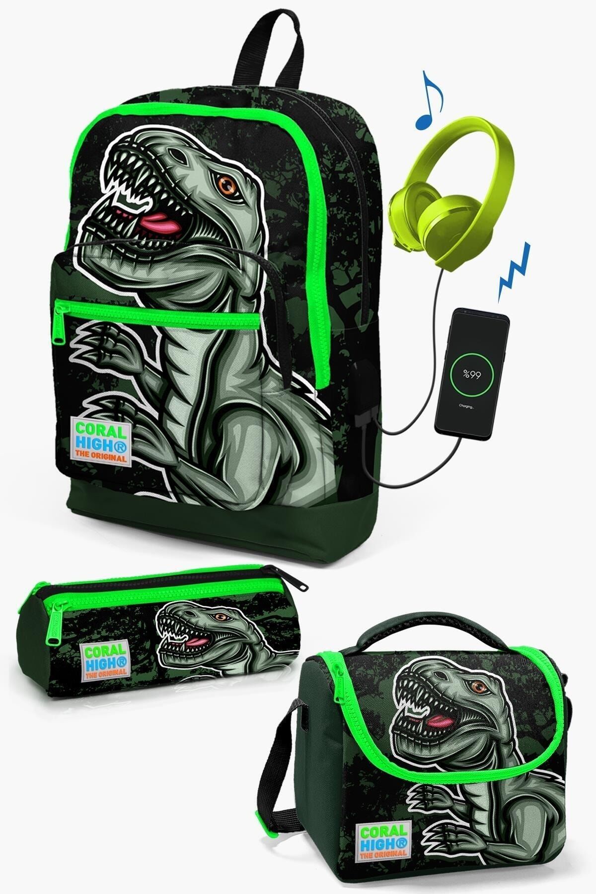 Kids Koyu Yeşil Siyah Dinazor Desenli USB'li 3’lü Okul Çanta Seti SET0123825