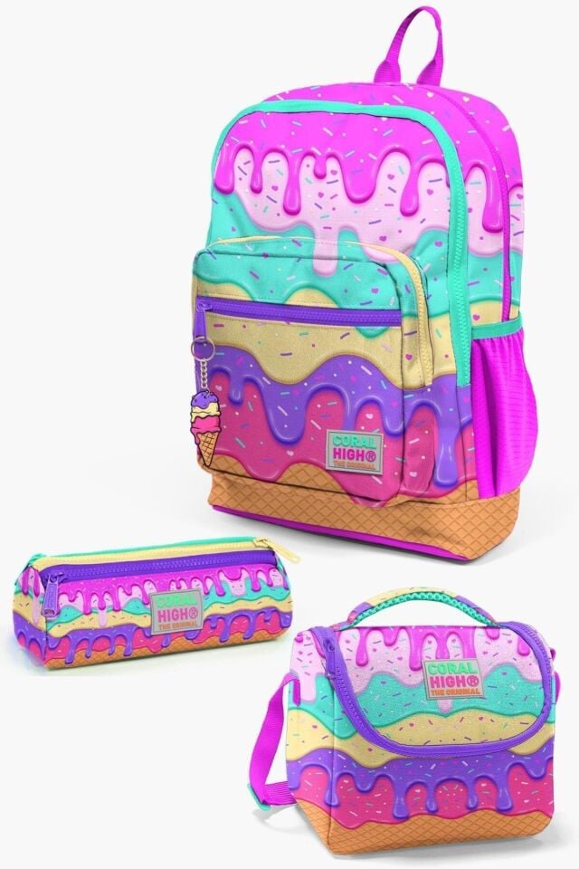 Hayır Kids Pembe Rengarenk Dondurma Desenli 3’lü Okul Çanta Seti SET0123731 Back to School Type 4 B