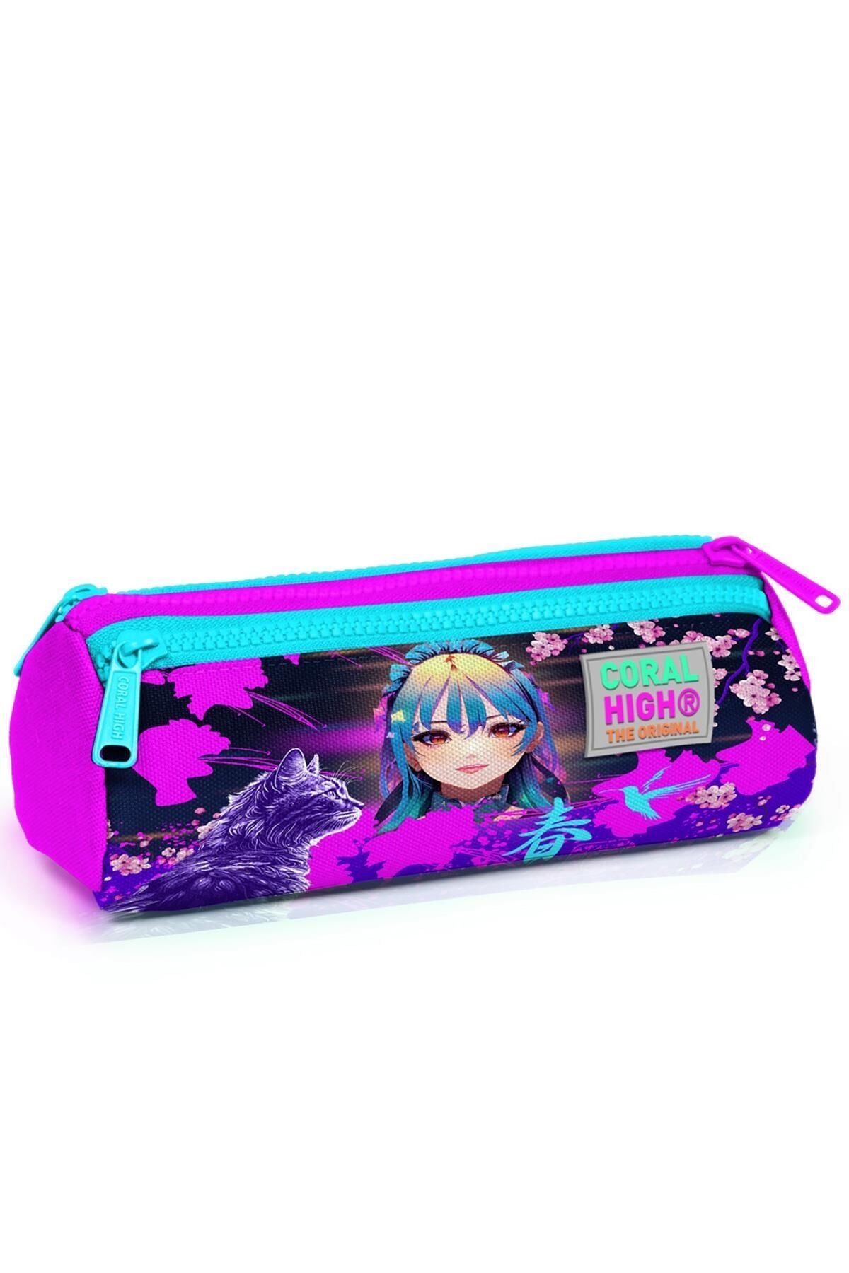 Coral High Kids Mor Pembe Anime Kedi Desenli Üç Bölmeli Kalem Çantası 22053 Pembe Mor