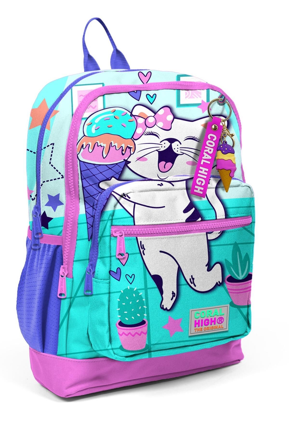 Coral High Kids Turkuaz Pembe Dondurmalı Kedi Desenli Okul Sırt Çantası 23751 Turkuaz Pembe